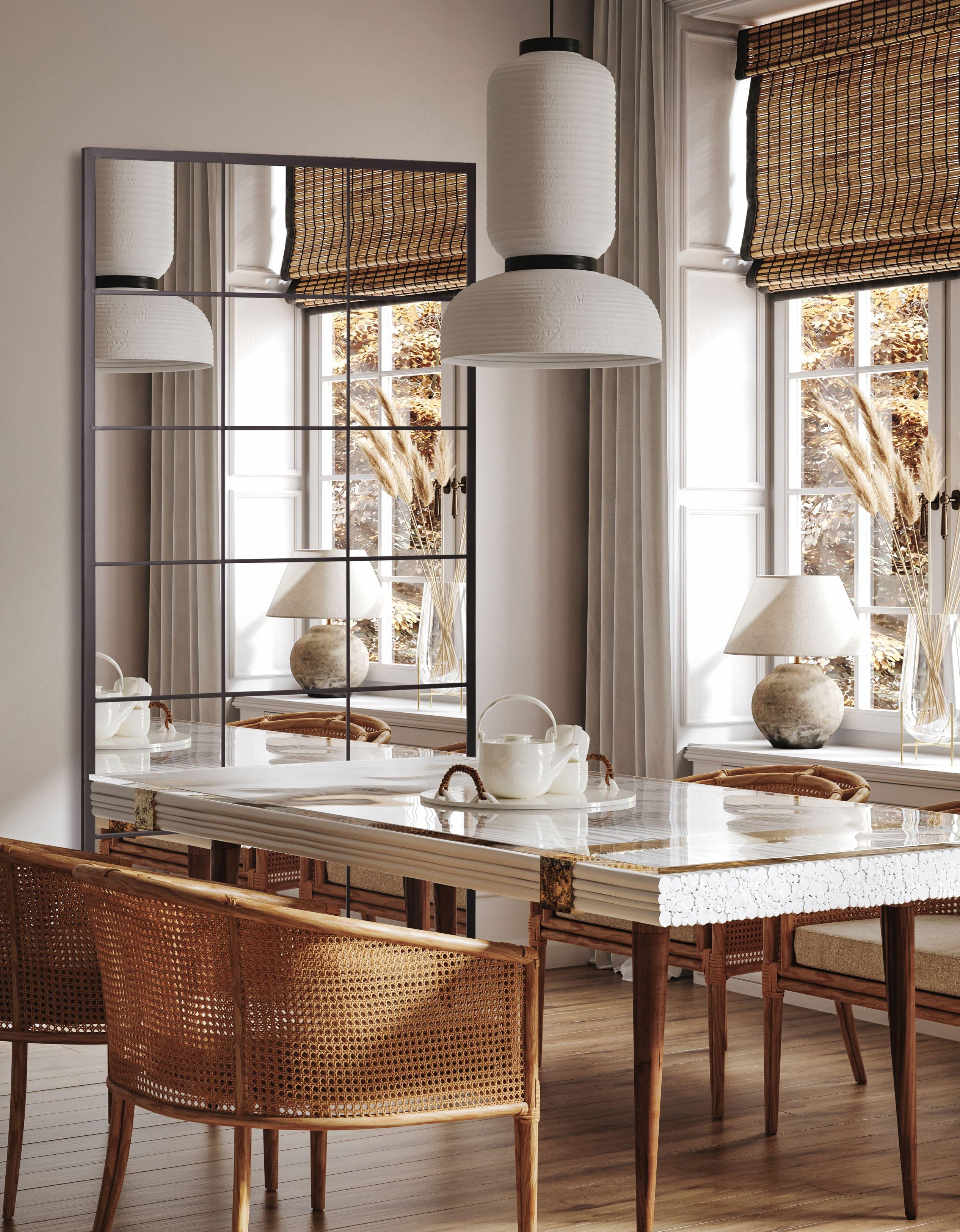 Grid mirror No.1 med smuk placering i spisestuen | 220x110 cm