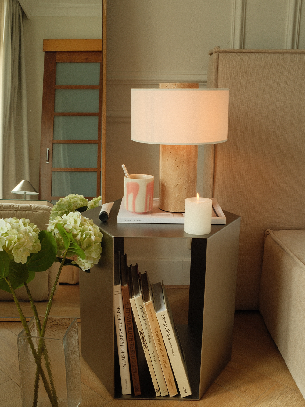 Auríe Large Lamp | Travertin & Hør | 35 cm